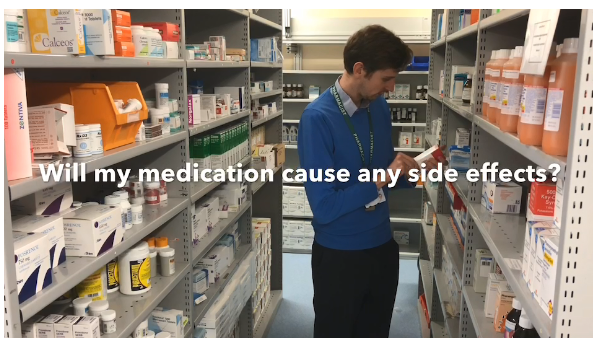 Generic photograph of a pharmacist with text "will my medication cause any side effects?"