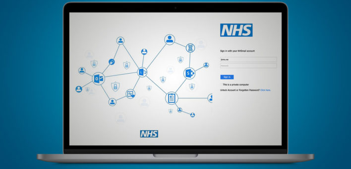 This image shows a laptop screen displaying the log-in for NHSMail.