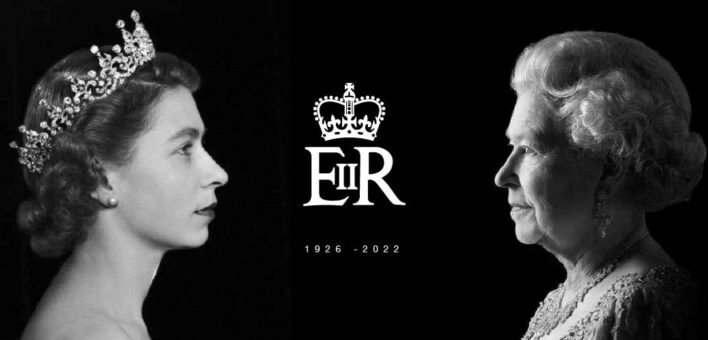 Two black and white images of Queen Elizabeth the second facing each other on a black background with the Elizabeth Regina crest in the middle in white writing