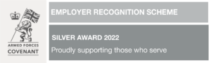 Logo - Armed Forces Covenant Employer Recognition Scheme. Silver Award 2022 awarded to ESNEFT.