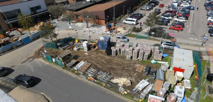 An aerial view of the hospital site from the Garrett Anderson roof.